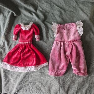 Vintage 12" Doll Clothes Dress Jumper Velour Lace Red Pink Baby Dolls Victorian